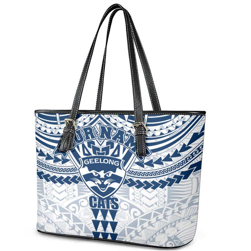 Personalized Geelong Cats Leather Tote Bag Polynesian Tribal Pattern Heritage Football
