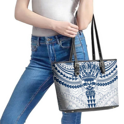 Personalized Geelong Cats Leather Tote Bag Polynesian Tribal Pattern Heritage Football