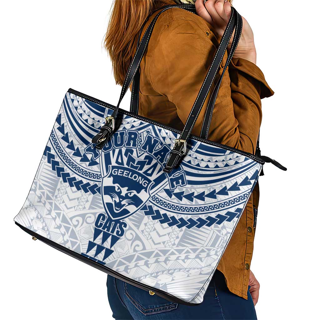 Personalized Geelong Cats Leather Tote Bag Polynesian Tribal Pattern Heritage Football