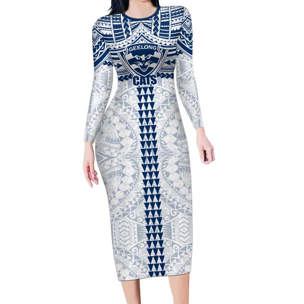 Personalized Geelong Cats Long Sleeve Bodycon Dress Polynesian Tribal Pattern Heritage Football