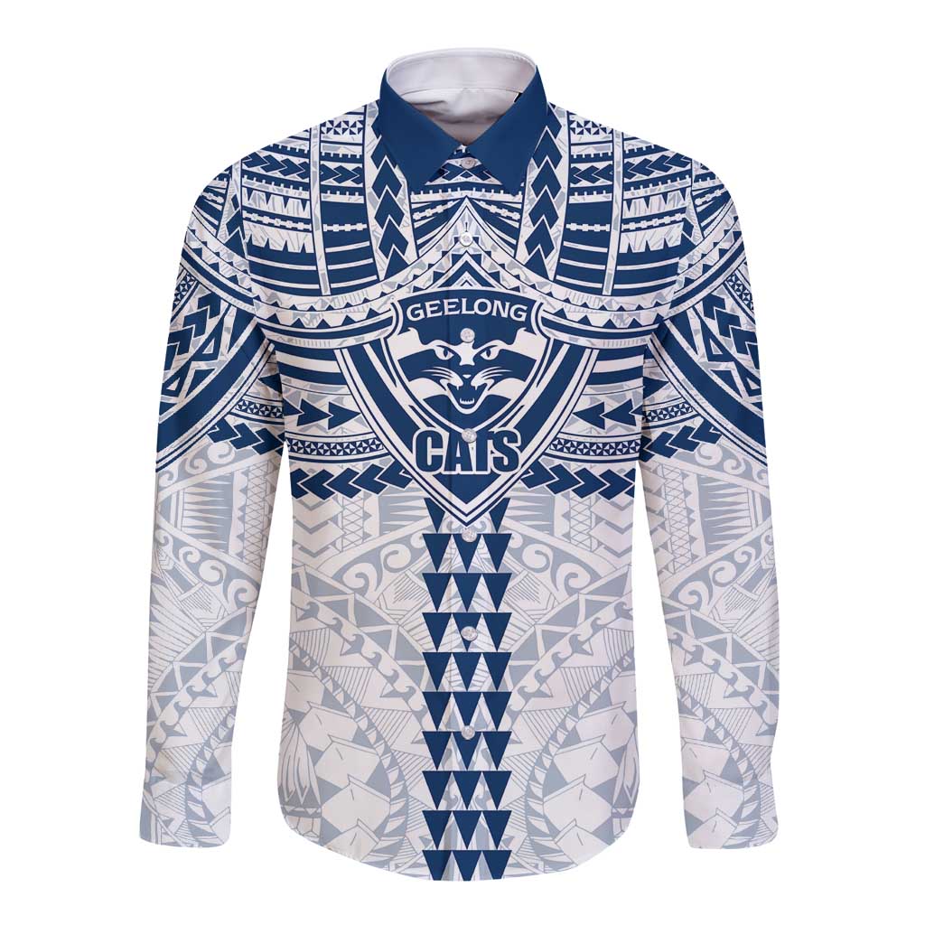 Personalized Geelong Cats Long Sleeve Button Shirt Polynesian Tribal Pattern Heritage Football