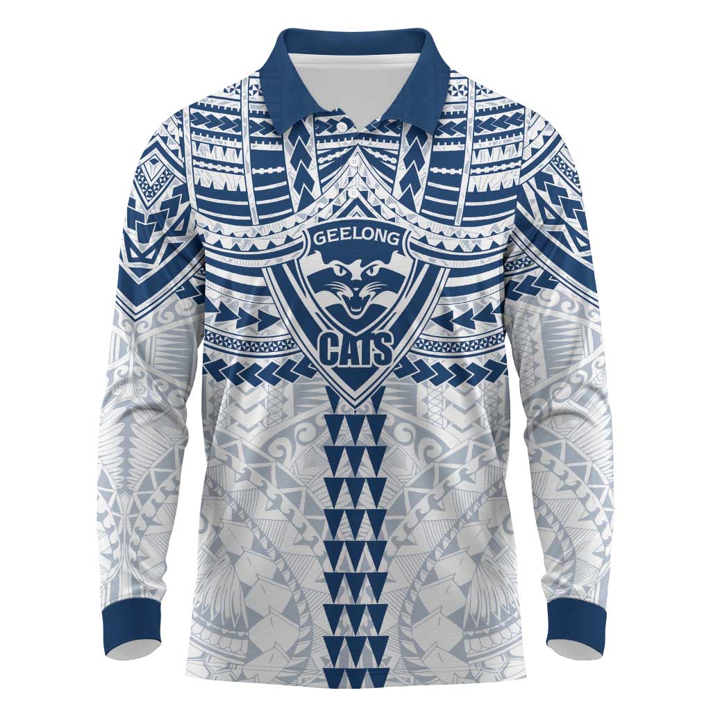Personalized Geelong Cats Long Sleeve Polo Shirt Polynesian Tribal Pattern Heritage Football