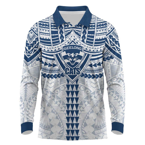 Personalized Geelong Cats Long Sleeve Polo Shirt Polynesian Tribal Pattern Heritage Football