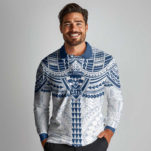 Personalized Geelong Cats Long Sleeve Polo Shirt Polynesian Tribal Pattern Heritage Football