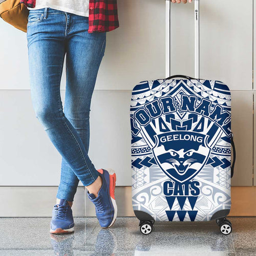 Personalized Geelong Cats Luggage Cover Polynesian Tribal Pattern Heritage Football