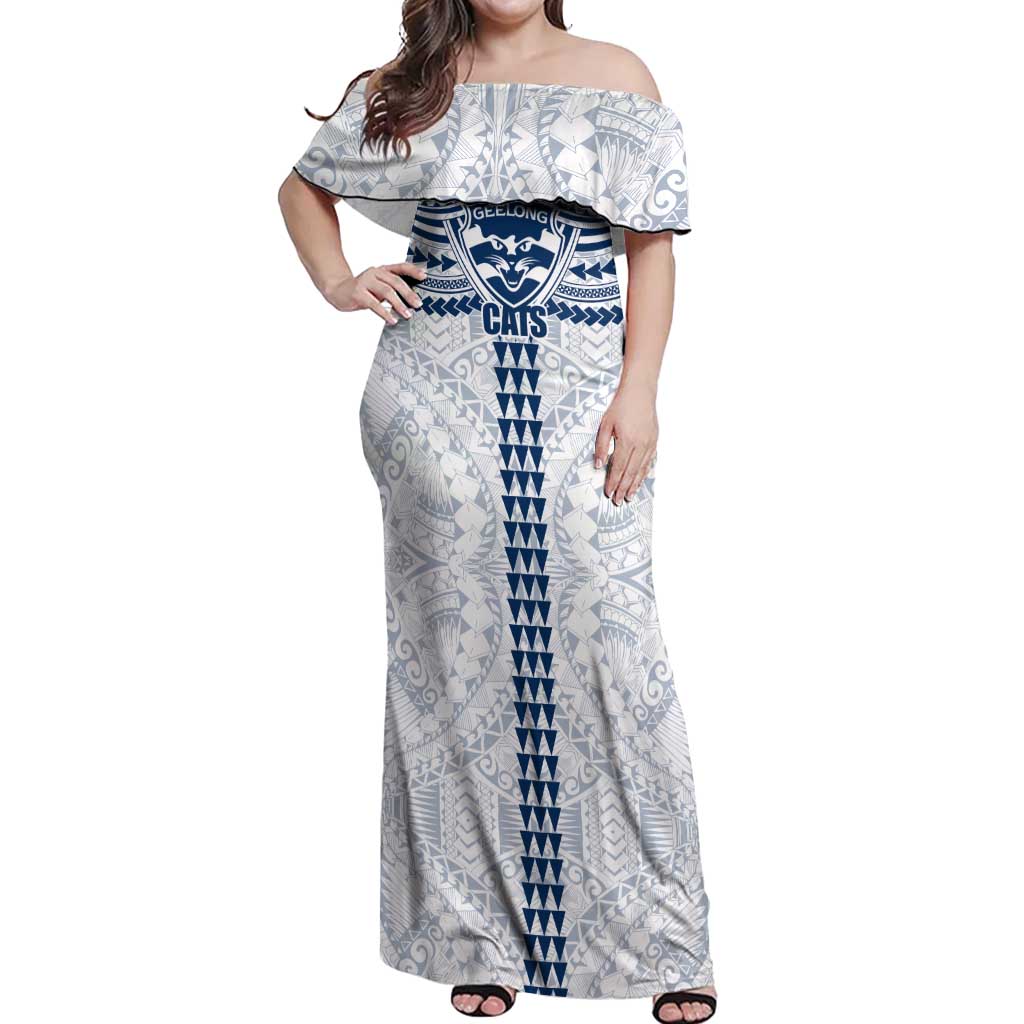 Personalized Geelong Cats Off Shoulder Maxi Dress Polynesian Tribal Pattern Heritage Football