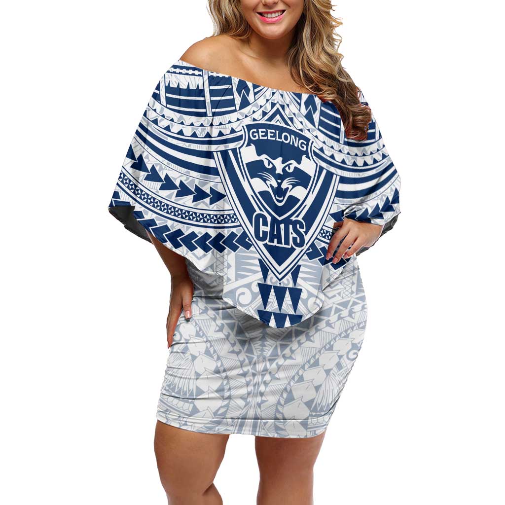Personalized Geelong Cats Off Shoulder Short Dress Polynesian Tribal Pattern Heritage Football