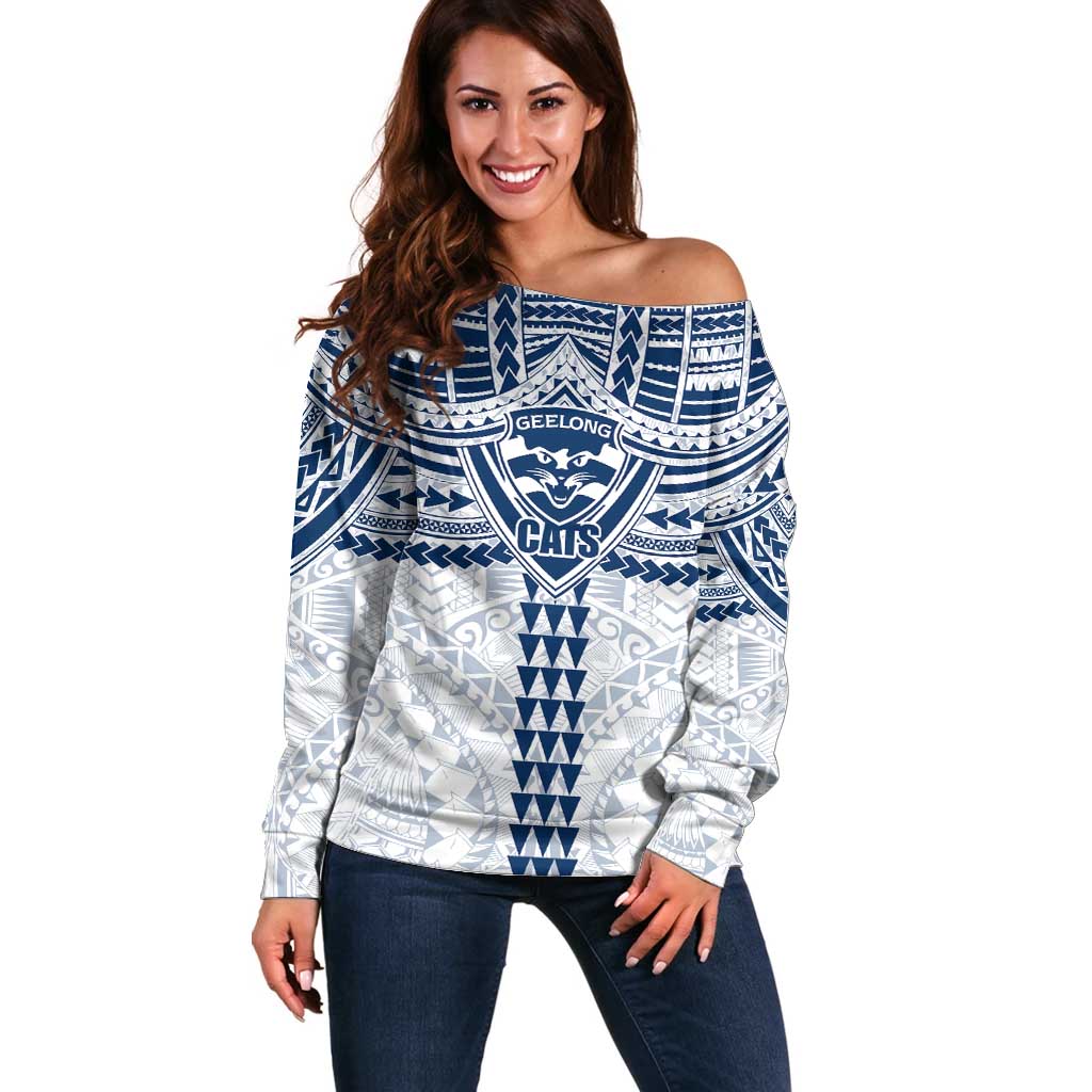 Personalized Geelong Cats Off Shoulder Sweater Polynesian Tribal Pattern Heritage Football