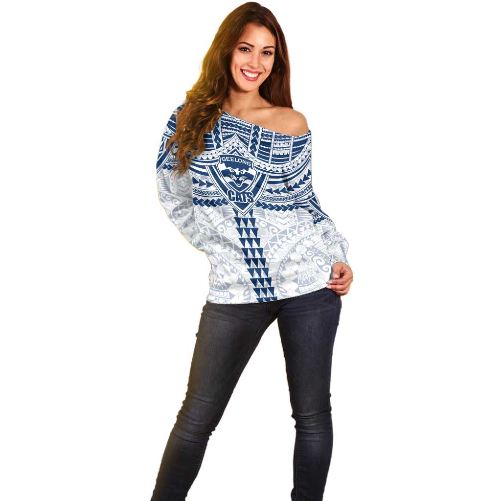 Personalized Geelong Cats Off Shoulder Sweater Polynesian Tribal Pattern Heritage Football