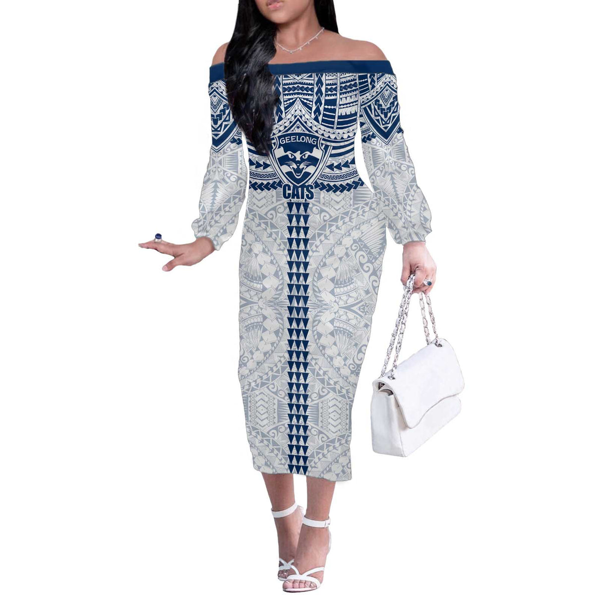 Personalized Geelong Cats Off The Shoulder Long Sleeve Dress Polynesian Tribal Pattern Heritage Football