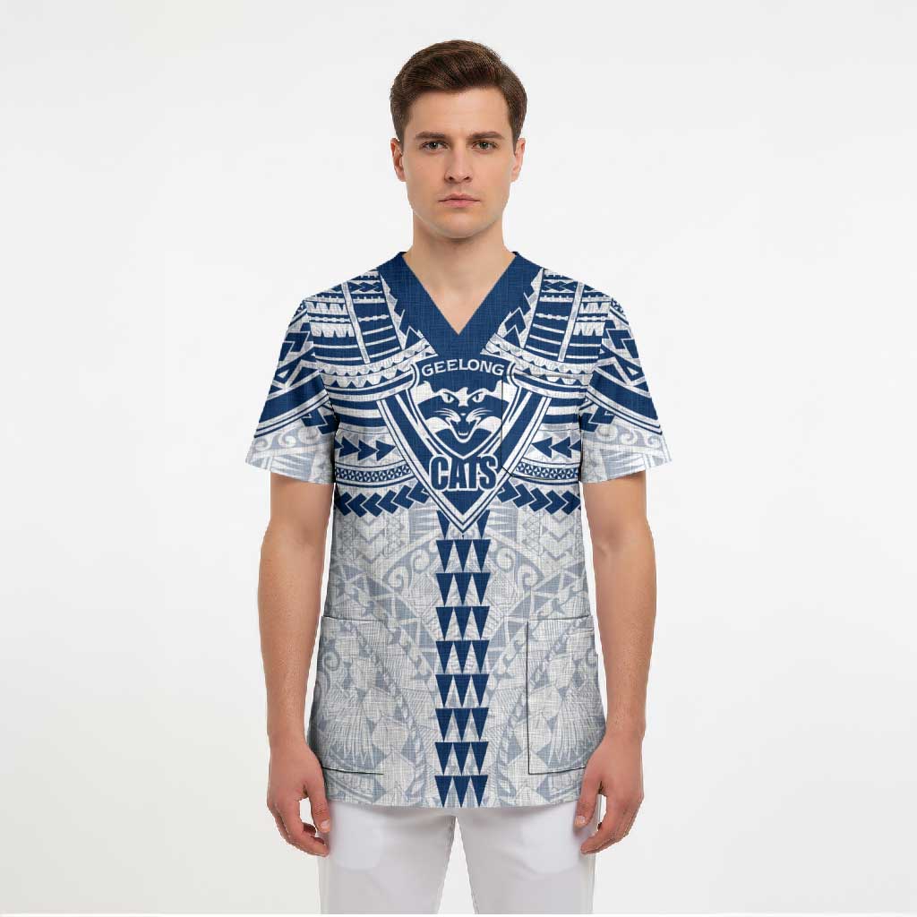 Personalized Geelong Cats Scrub Top Polynesian Tribal Pattern Heritage Football