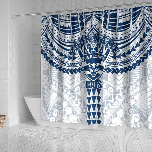 Personalized Geelong Cats Shower Curtain Polynesian Tribal Pattern Heritage Football