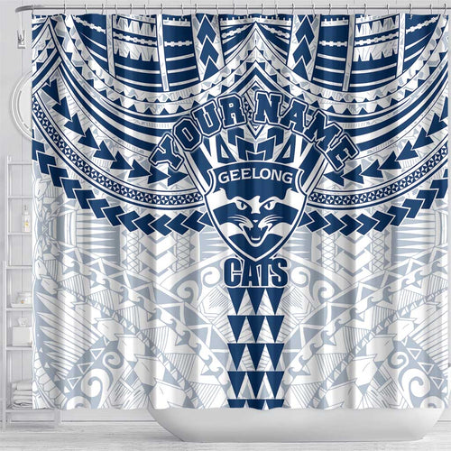 Personalized Geelong Cats Shower Curtain Polynesian Tribal Pattern Heritage Football