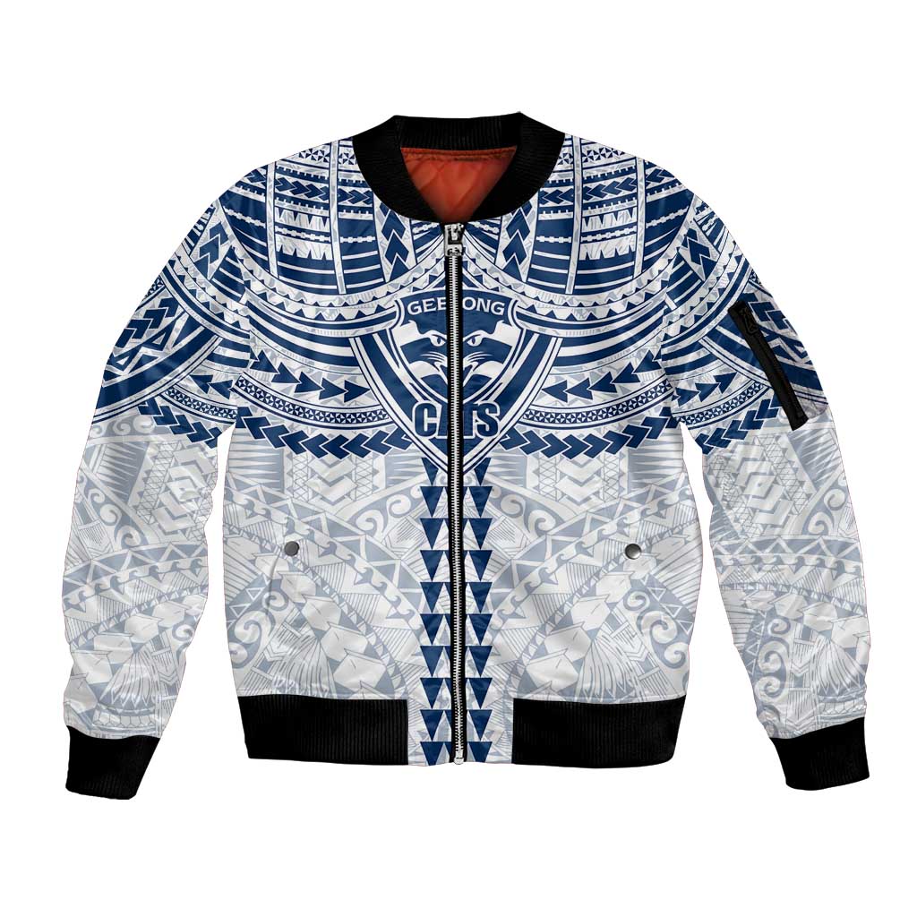 Personalized Geelong Cats Sleeve Zip Bomber Jacket Polynesian Tribal Pattern Heritage Football