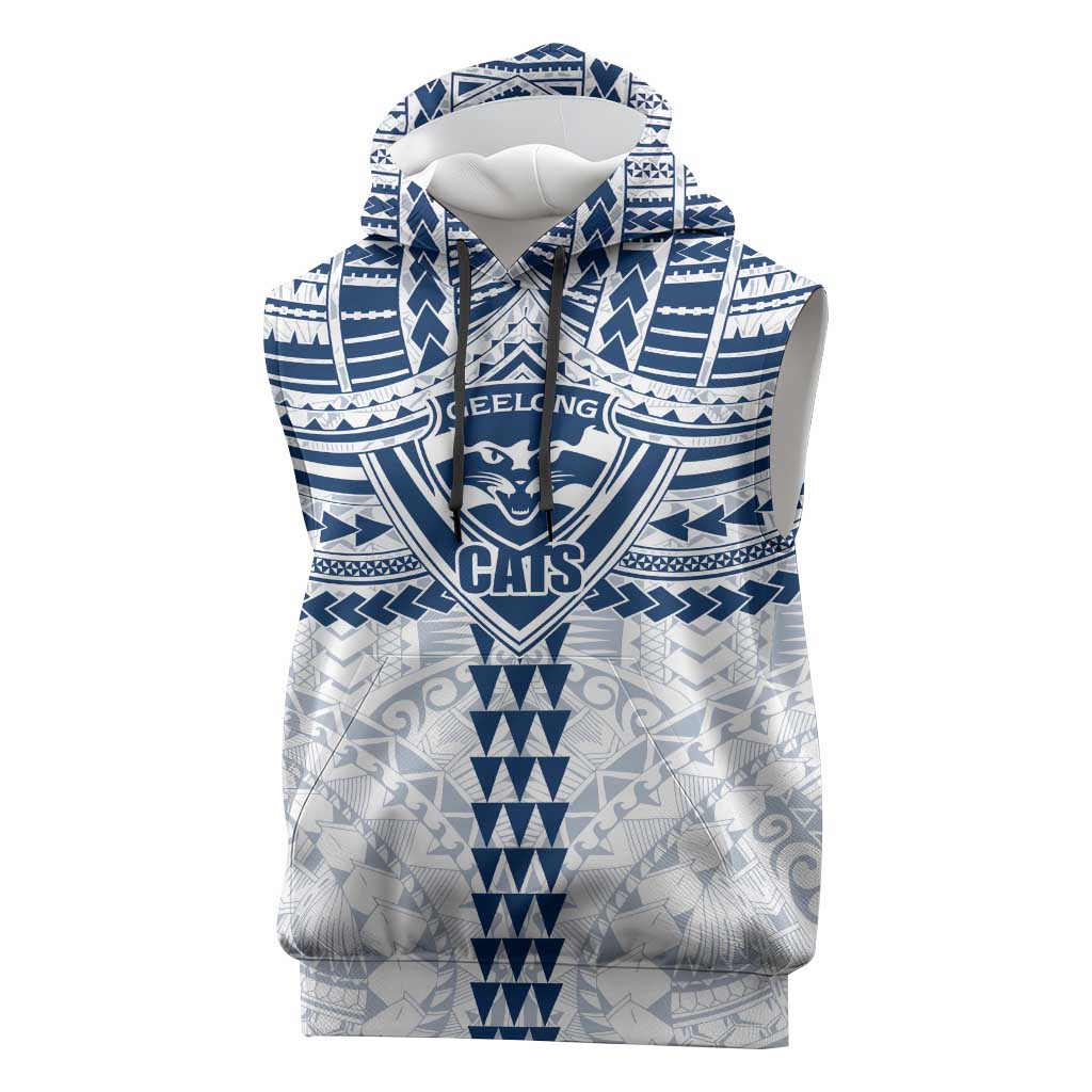 Personalized Geelong Cats Sleeveless Hoodie Polynesian Tribal Pattern Heritage Football