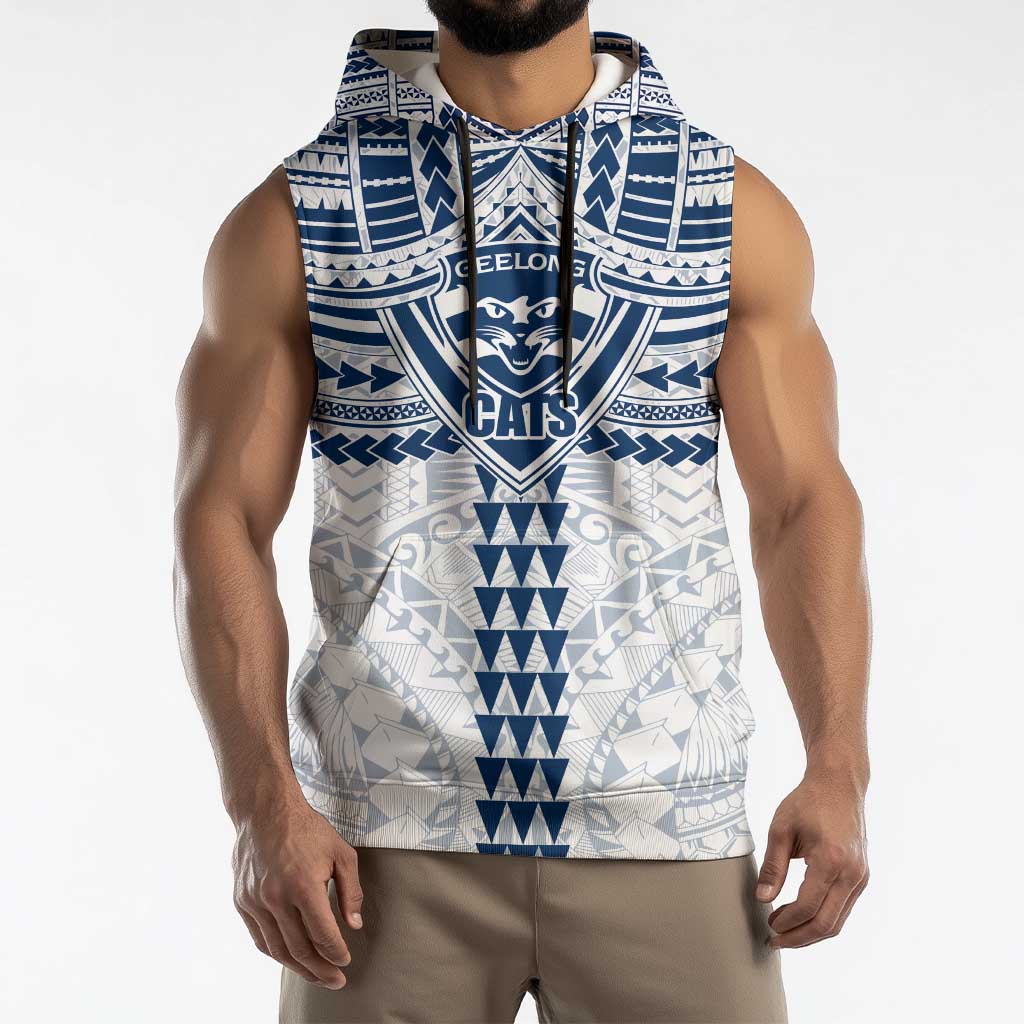 Personalized Geelong Cats Sleeveless Hoodie Polynesian Tribal Pattern Heritage Football