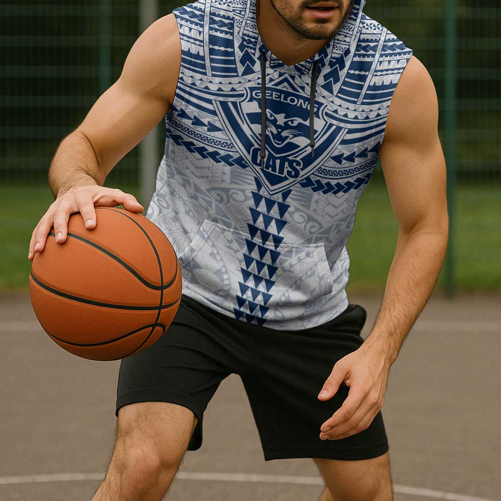 Personalized Geelong Cats Sleeveless Hoodie Polynesian Tribal Pattern Heritage Football