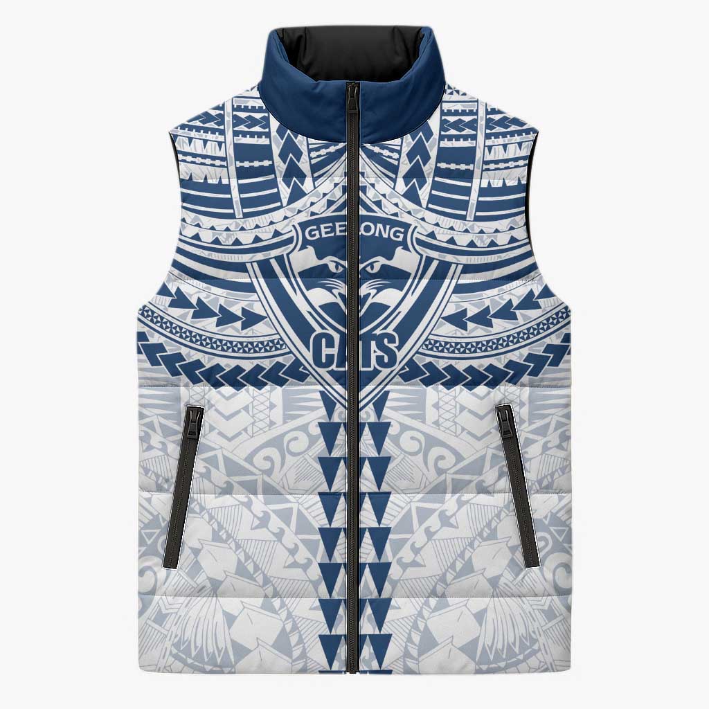 Personalized Geelong Cats Sleeveless Puffer Jacket Polynesian Tribal Pattern Heritage Football