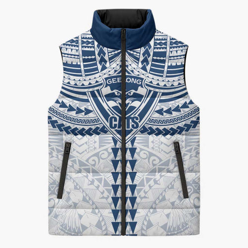 Personalized Geelong Cats Sleeveless Puffer Jacket Polynesian Tribal Pattern Heritage Football
