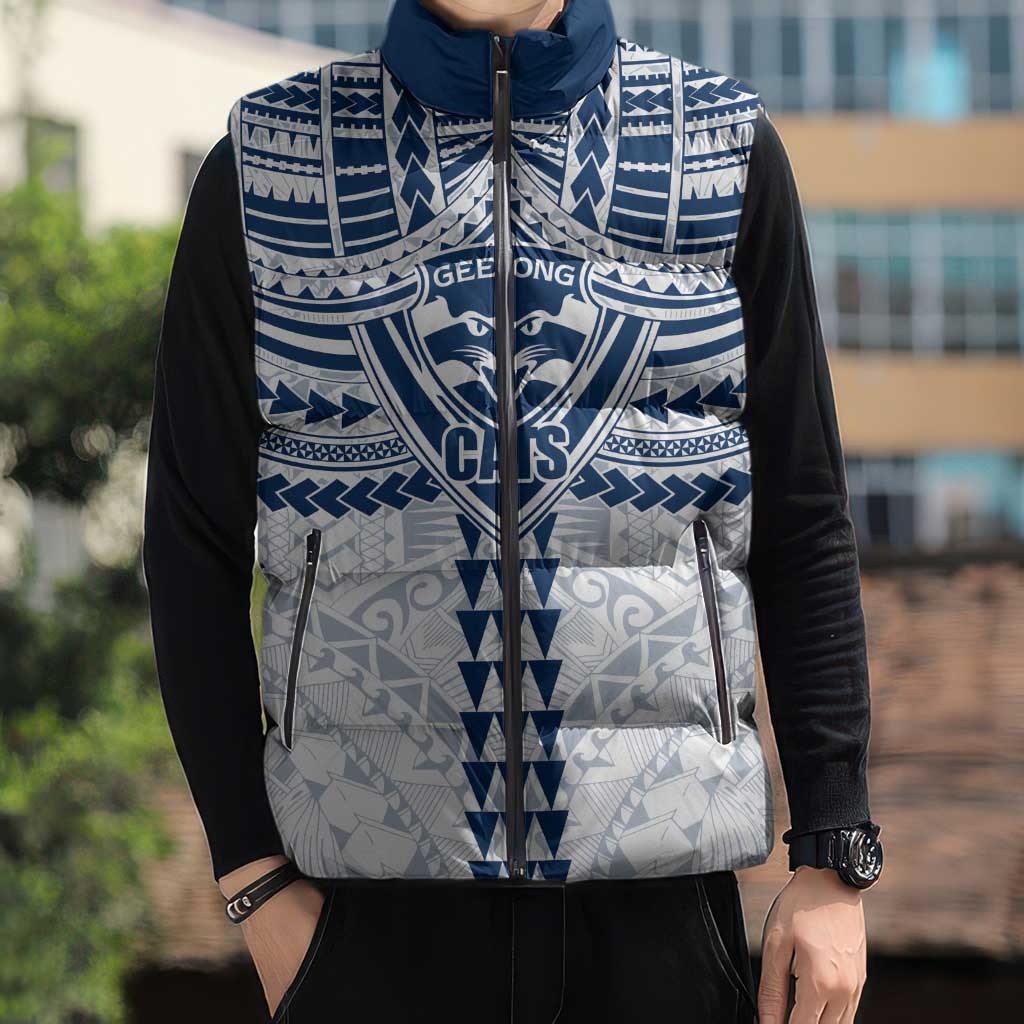 Personalized Geelong Cats Sleeveless Puffer Jacket Polynesian Tribal Pattern Heritage Football