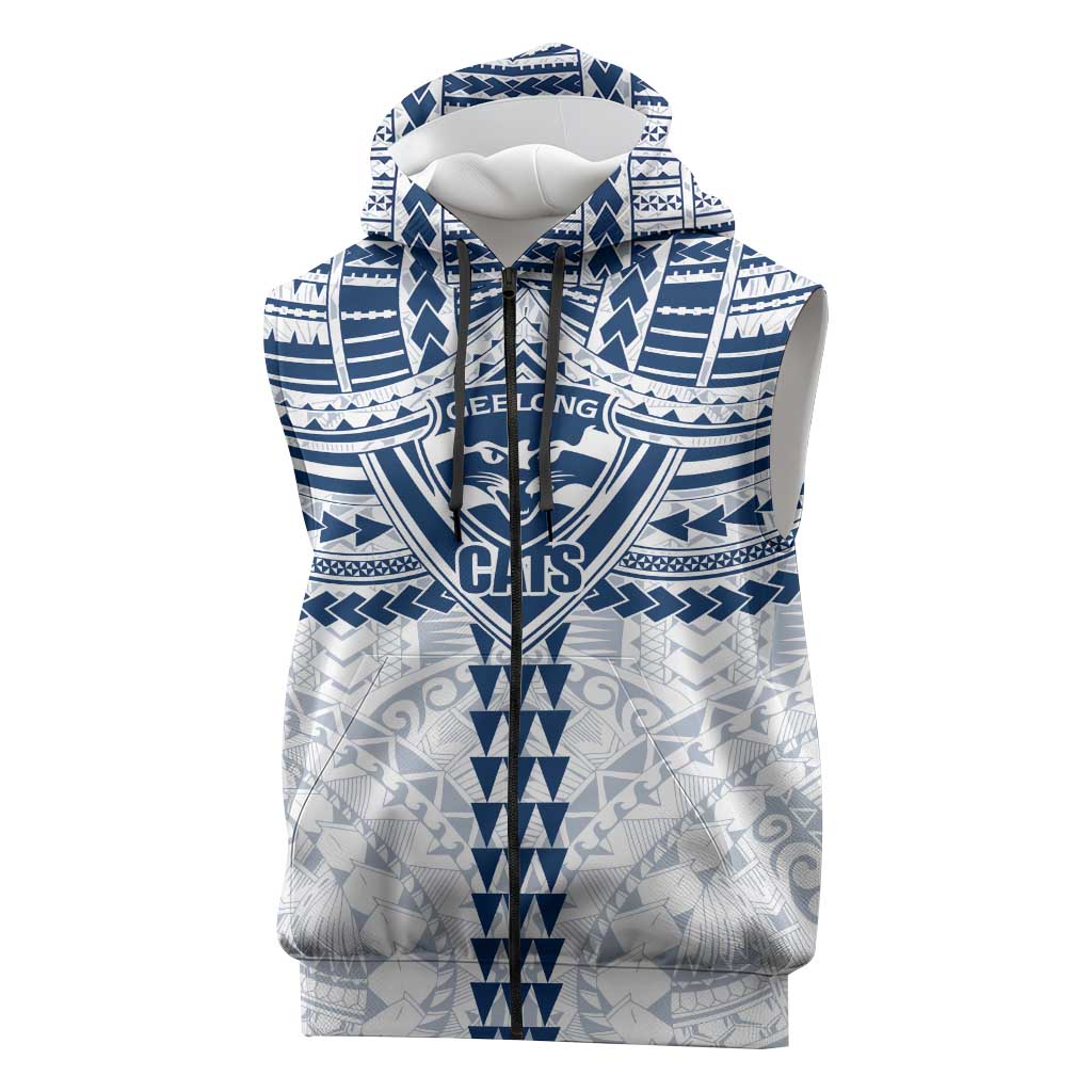 Personalized Geelong Cats Sleeveless Zip Hoodie Polynesian Tribal Pattern Heritage Football