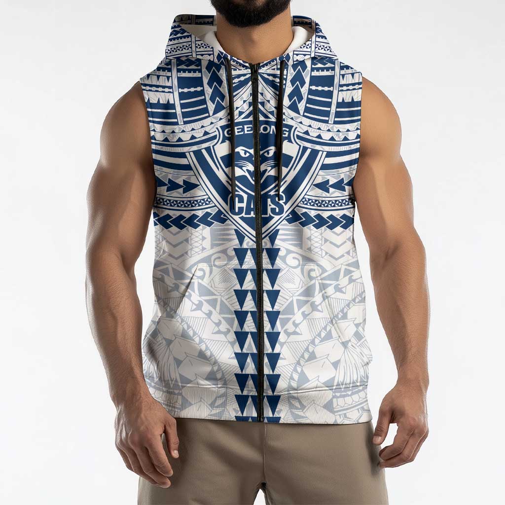 Personalized Geelong Cats Sleeveless Zip Hoodie Polynesian Tribal Pattern Heritage Football