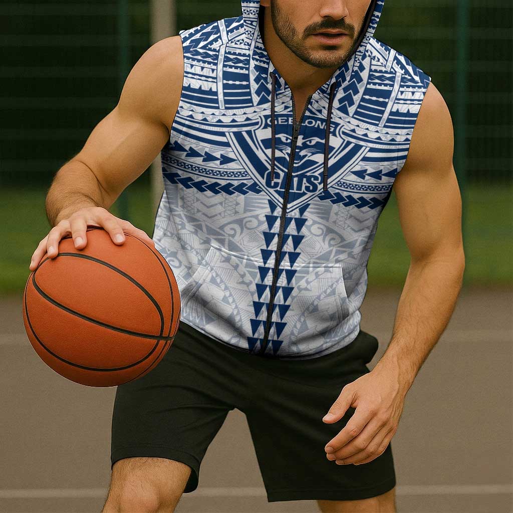 Personalized Geelong Cats Sleeveless Zip Hoodie Polynesian Tribal Pattern Heritage Football