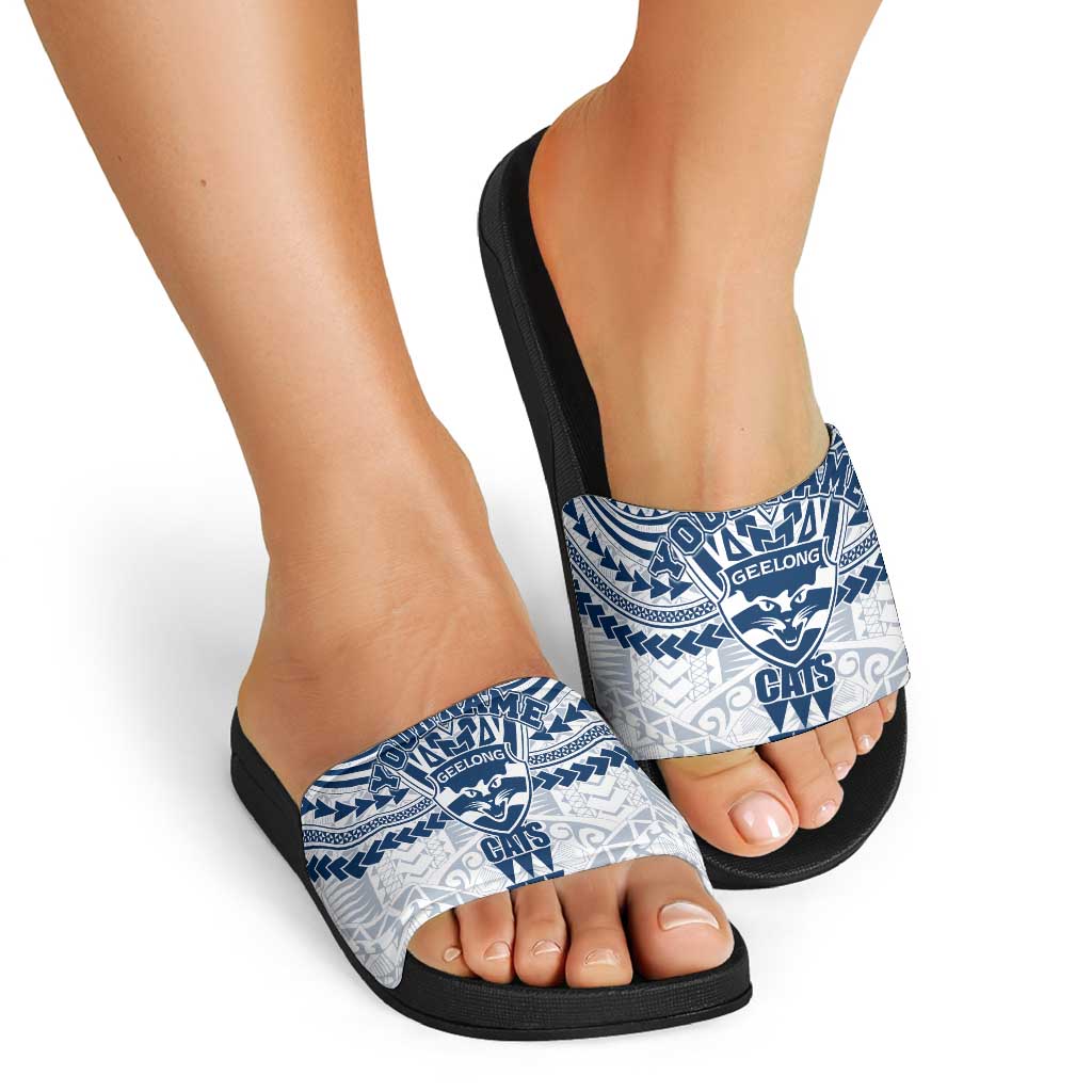 Personalized Geelong Cats Slide Sandals Polynesian Tribal Pattern Heritage Football