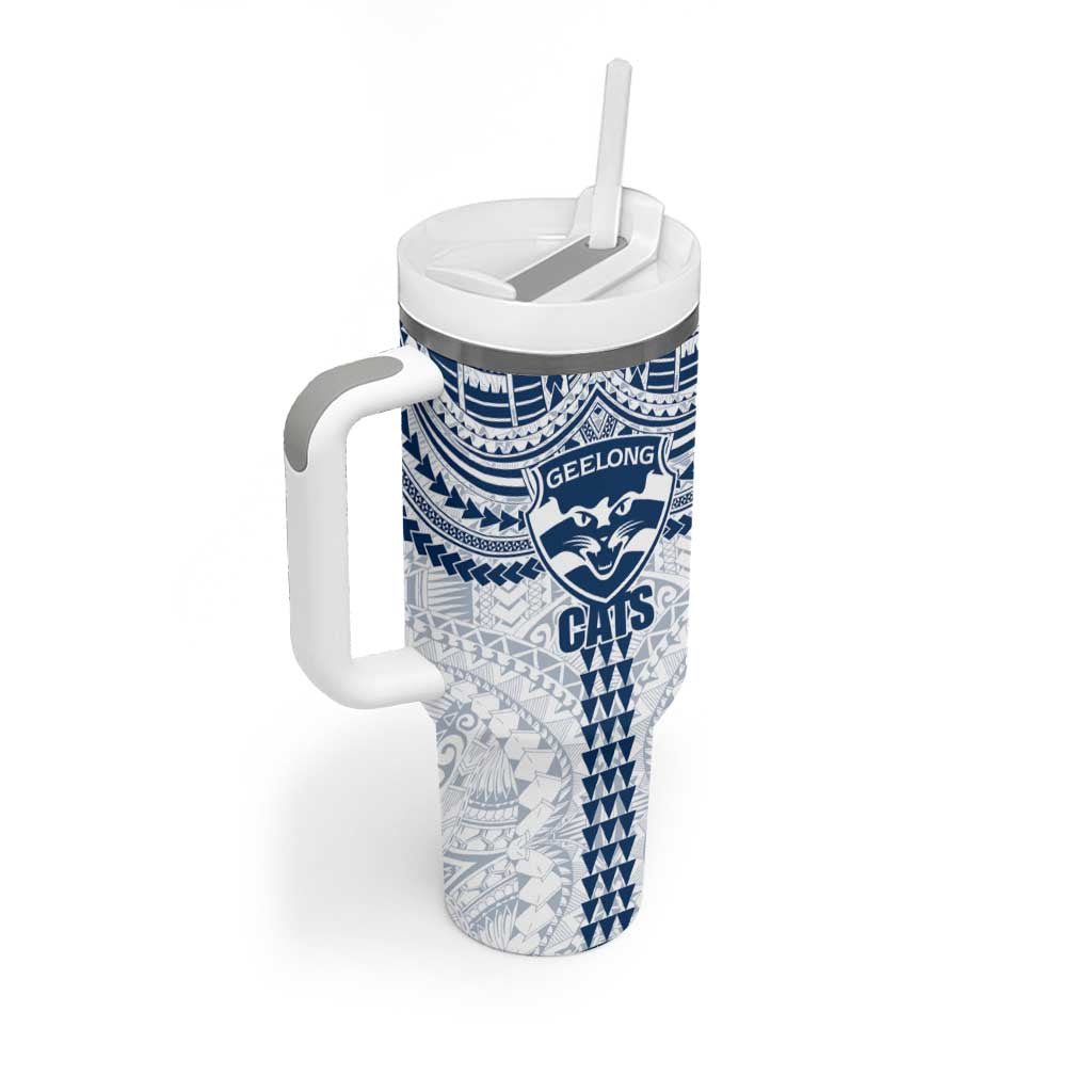 Personalized Geelong Cats Tumbler With Handle Polynesian Tribal Pattern Heritage Football