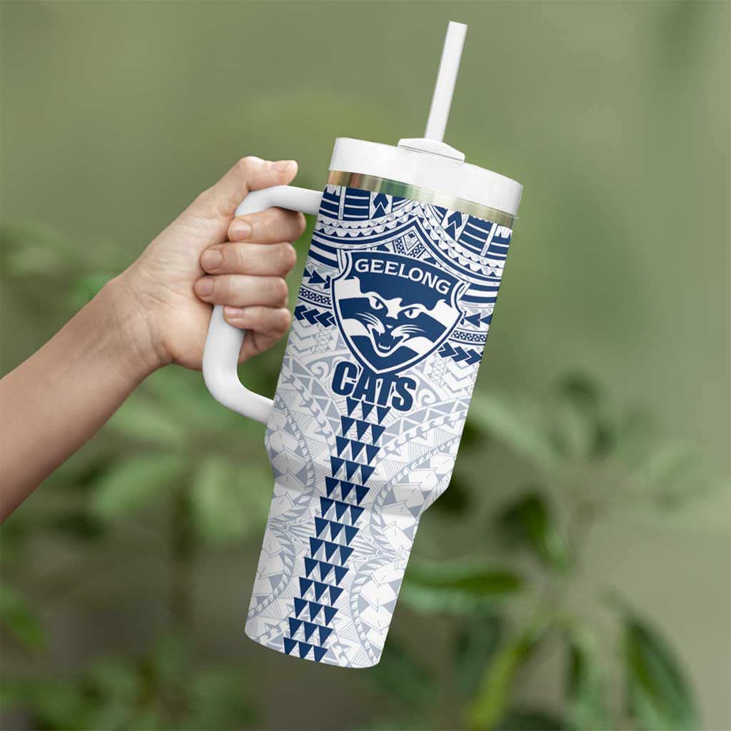 Personalized Geelong Cats Tumbler With Handle Polynesian Tribal Pattern Heritage Football