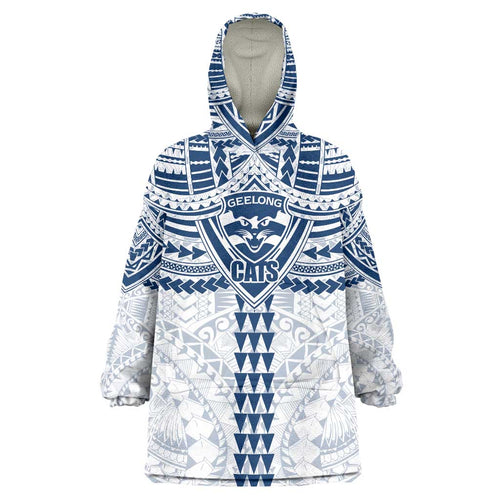 Personalized Geelong Cats Wearable Blanket Hoodie Polynesian Tribal Pattern Heritage Football