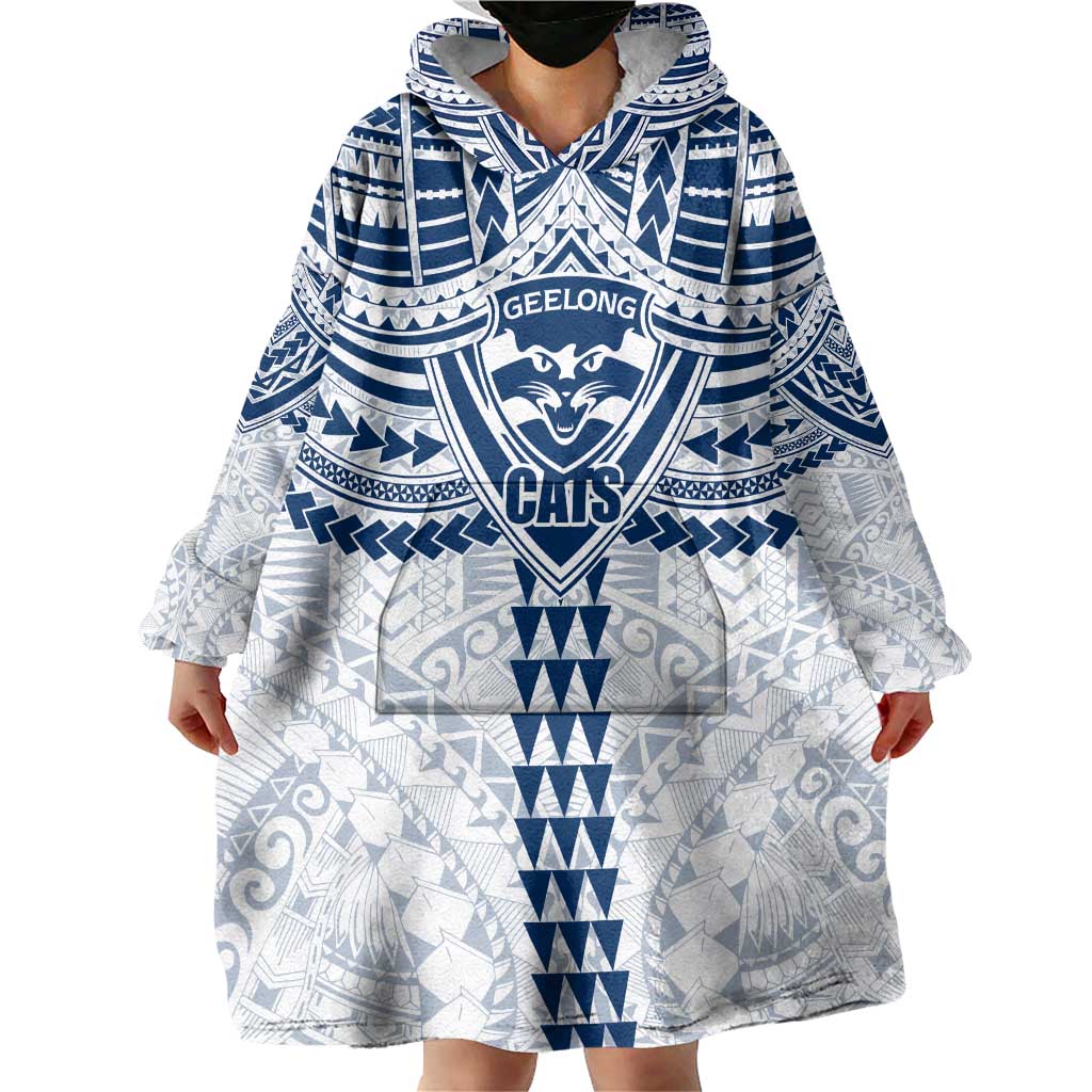 Personalized Geelong Cats Wearable Blanket Hoodie Polynesian Tribal Pattern Heritage Football