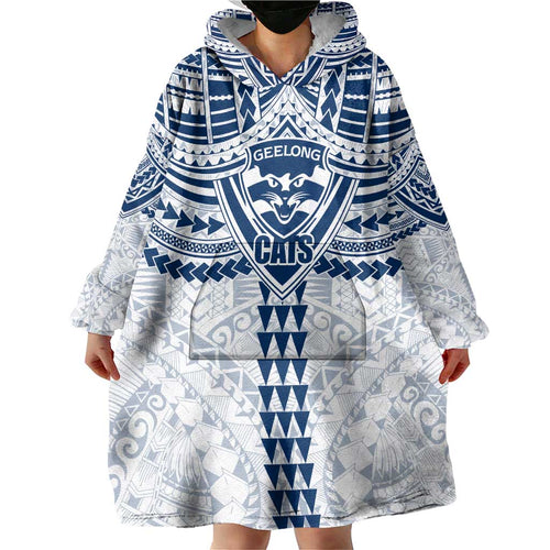 Personalized Geelong Cats Wearable Blanket Hoodie Polynesian Tribal Pattern Heritage Football