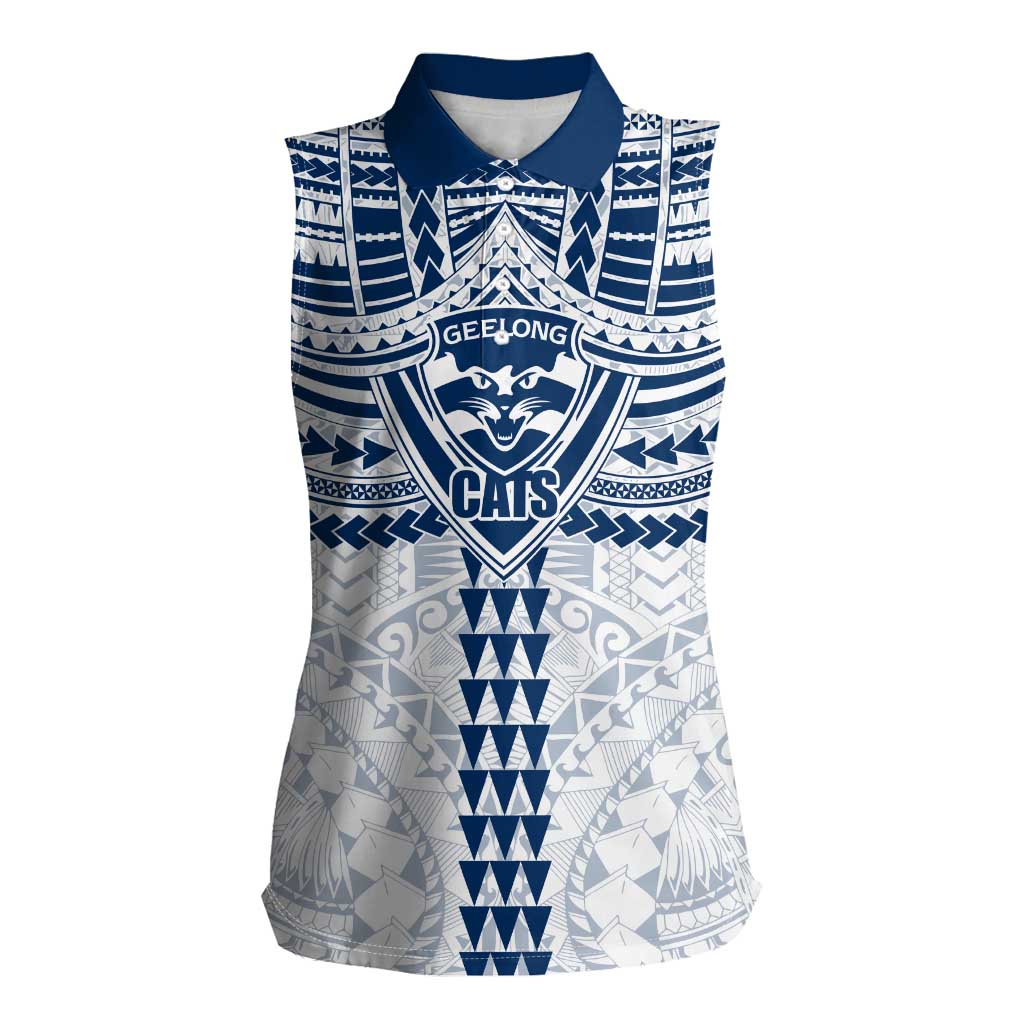 Personalized Geelong Cats Women Sleeveless Polo Shirt Polynesian Tribal Pattern Heritage Football