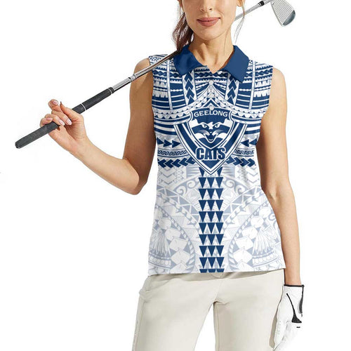 Personalized Geelong Cats Women Sleeveless Polo Shirt Polynesian Tribal Pattern Heritage Football