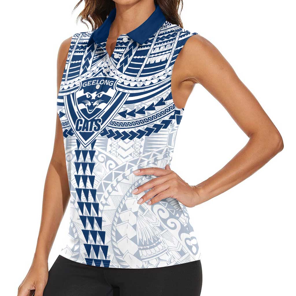 Personalized Geelong Cats Women Sleeveless Polo Shirt Polynesian Tribal Pattern Heritage Football