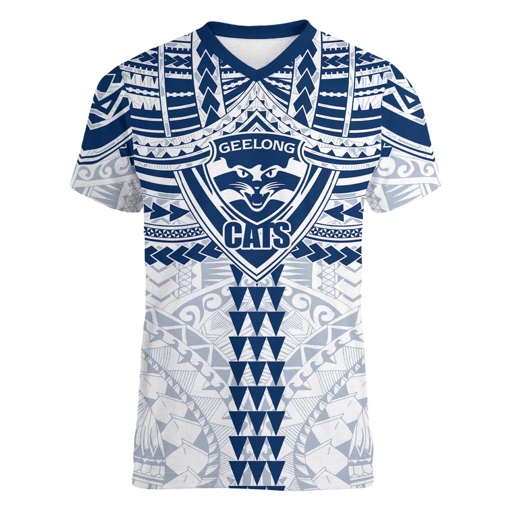 Personalized Geelong Cats Women V-Neck T-Shirt Polynesian Tribal Pattern Heritage Football