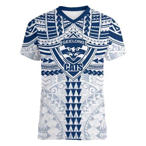 Personalized Geelong Cats Women V-Neck T-Shirt Polynesian Tribal Pattern Heritage Football