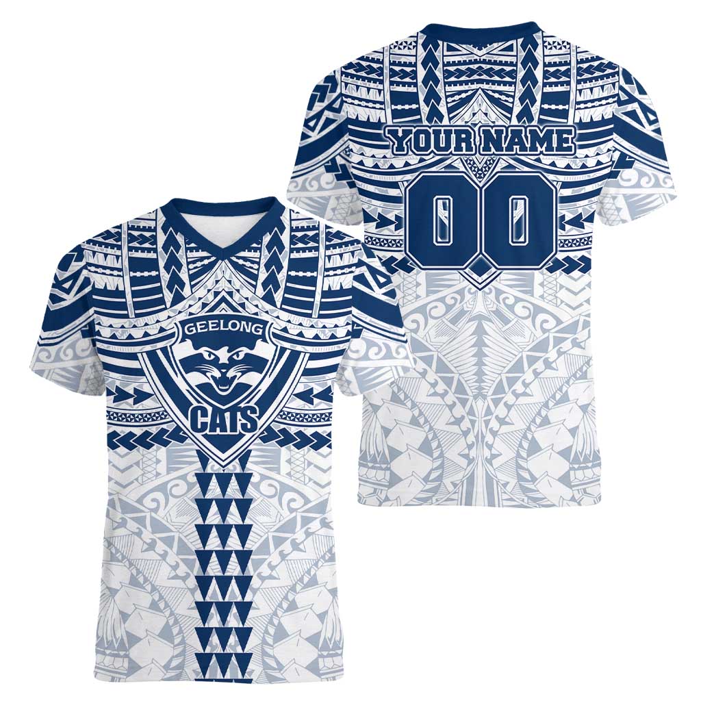 Personalized Geelong Cats Women V-Neck T-Shirt Polynesian Tribal Pattern Heritage Football