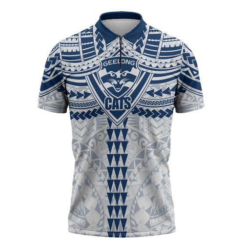 Personalized Geelong Cats Zipper Polo Shirt Polynesian Tribal Pattern Heritage Football