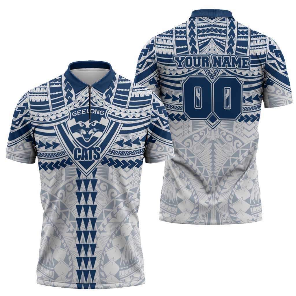 Personalized Geelong Cats Zipper Polo Shirt Polynesian Tribal Pattern Heritage Football