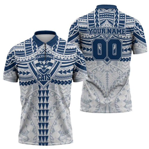Personalized Geelong Cats Zipper Polo Shirt Polynesian Tribal Pattern Heritage Football