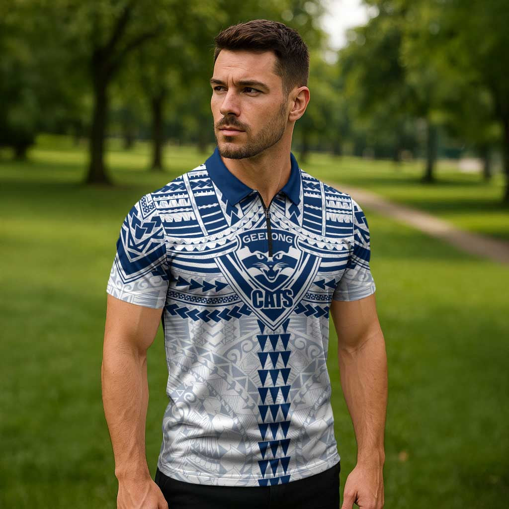 Personalized Geelong Cats Zipper Polo Shirt Polynesian Tribal Pattern Heritage Football