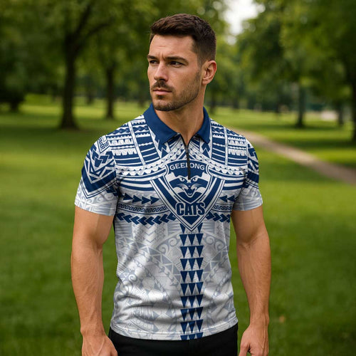 Personalized Geelong Cats Zipper Polo Shirt Polynesian Tribal Pattern Heritage Football