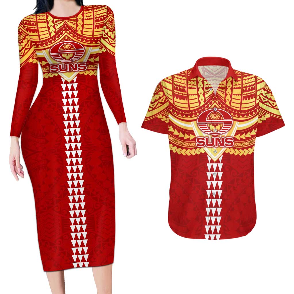 Personalized Gold Coast Suns Couples Matching Long Sleeve Bodycon Dress and Hawaiian Shirt Polynesian Tribal Pattern Heritage Football