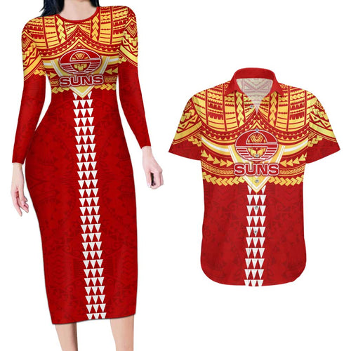 Personalized Gold Coast Suns Couples Matching Long Sleeve Bodycon Dress and Hawaiian Shirt Polynesian Tribal Pattern Heritage Football