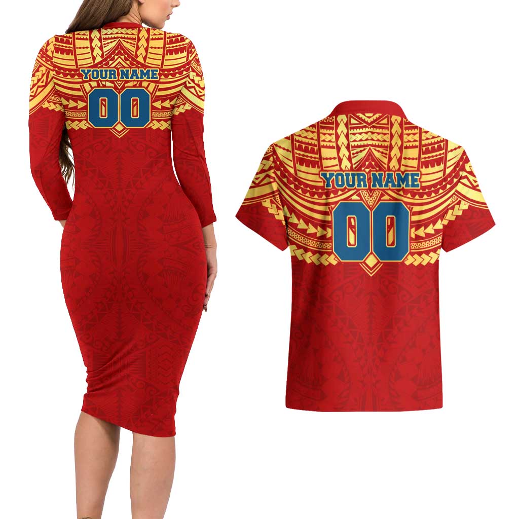 Personalized Gold Coast Suns Couples Matching Long Sleeve Bodycon Dress and Hawaiian Shirt Polynesian Tribal Pattern Heritage Football