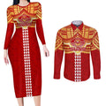 Personalized Gold Coast Suns Couples Matching Long Sleeve Bodycon Dress and Long Sleeve Button Shirt Polynesian Tribal Pattern Heritage Football