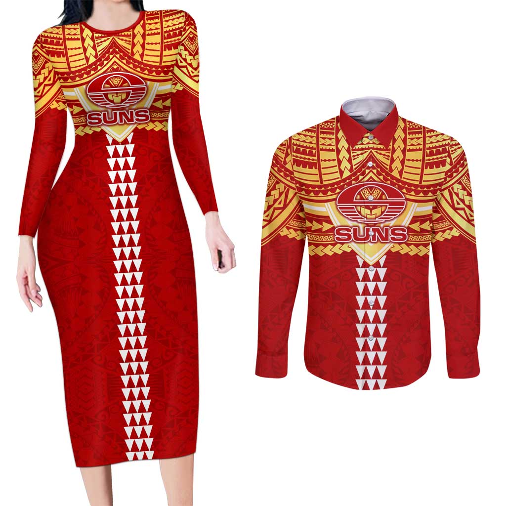 Personalized Gold Coast Suns Couples Matching Long Sleeve Bodycon Dress and Long Sleeve Button Shirt Polynesian Tribal Pattern Heritage Football