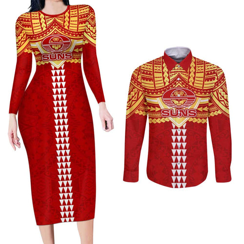 Personalized Gold Coast Suns Couples Matching Long Sleeve Bodycon Dress and Long Sleeve Button Shirt Polynesian Tribal Pattern Heritage Football